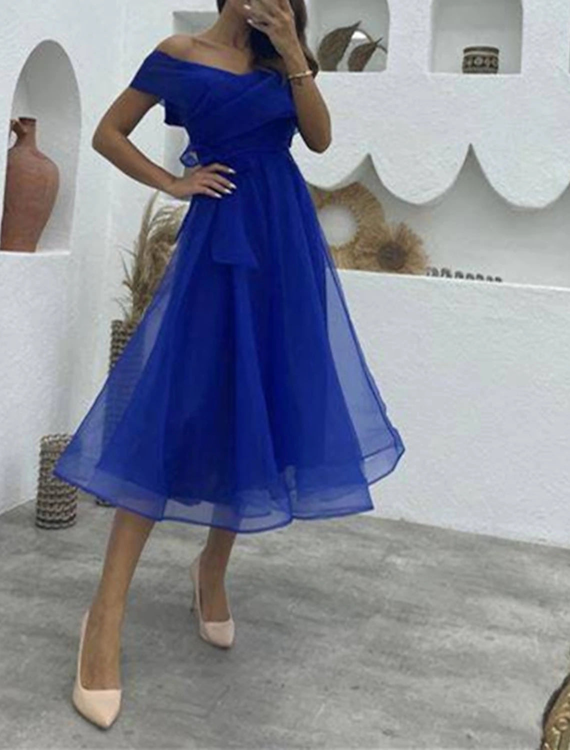 Green Tulle A-Line Tea-Length Bridesmaid Dress