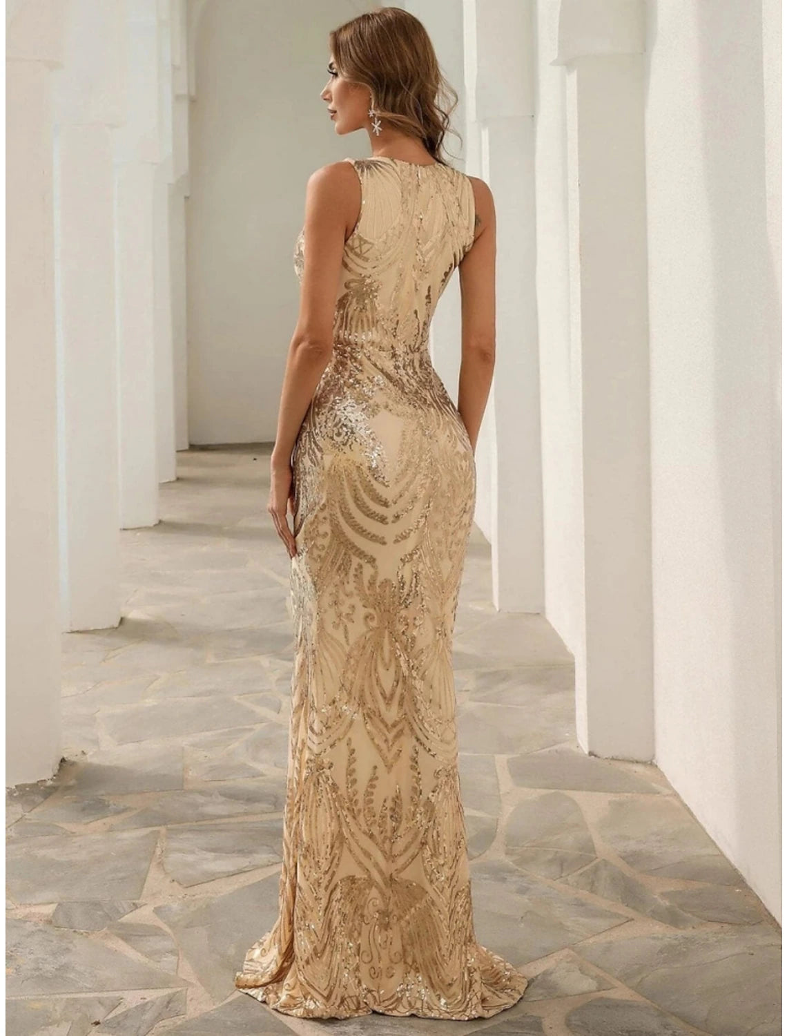 Gold Sequin V-Neck Mermaid Floor-Length Evening Dress