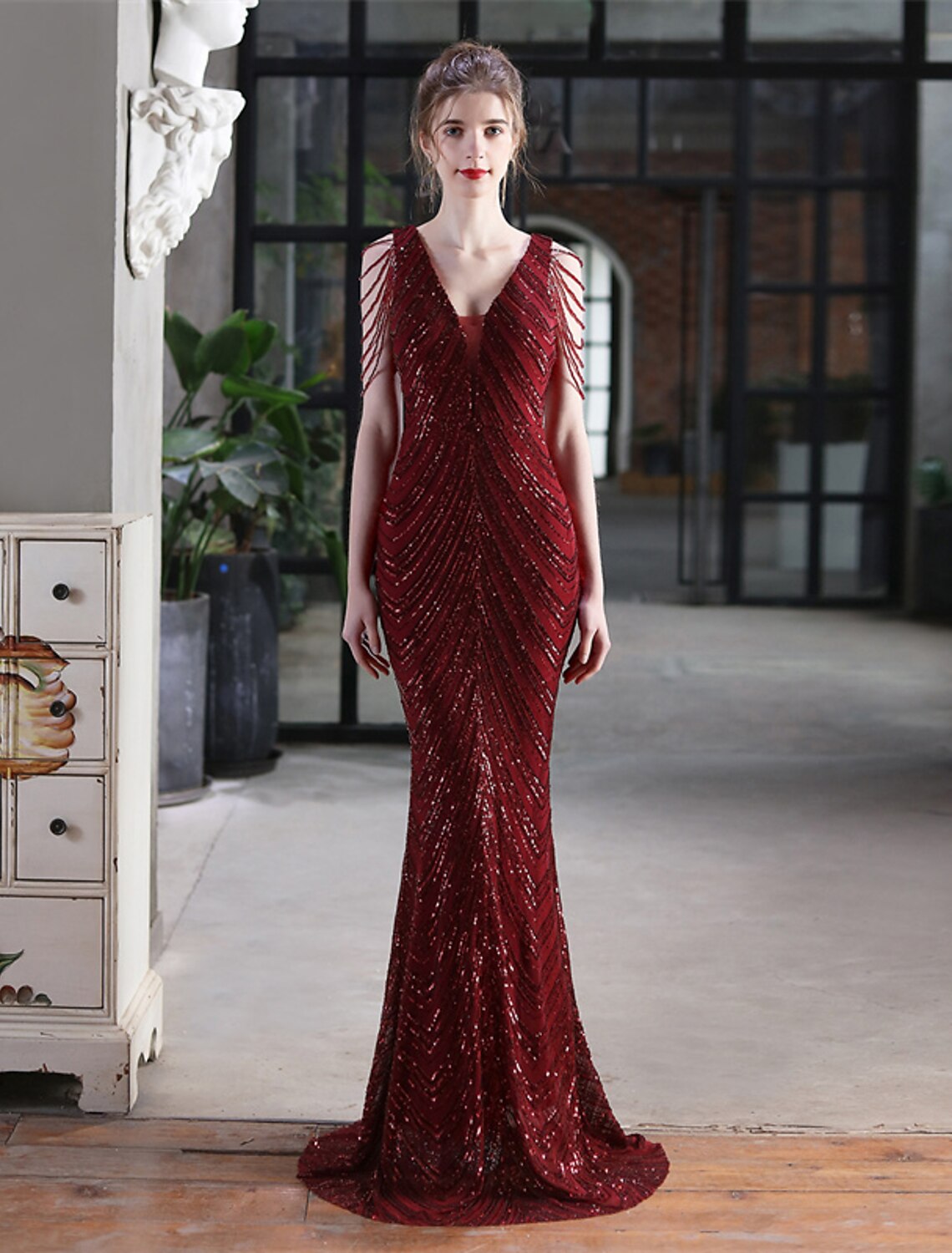 Gold Sequin Mermaid Floor-Length Evening Dress