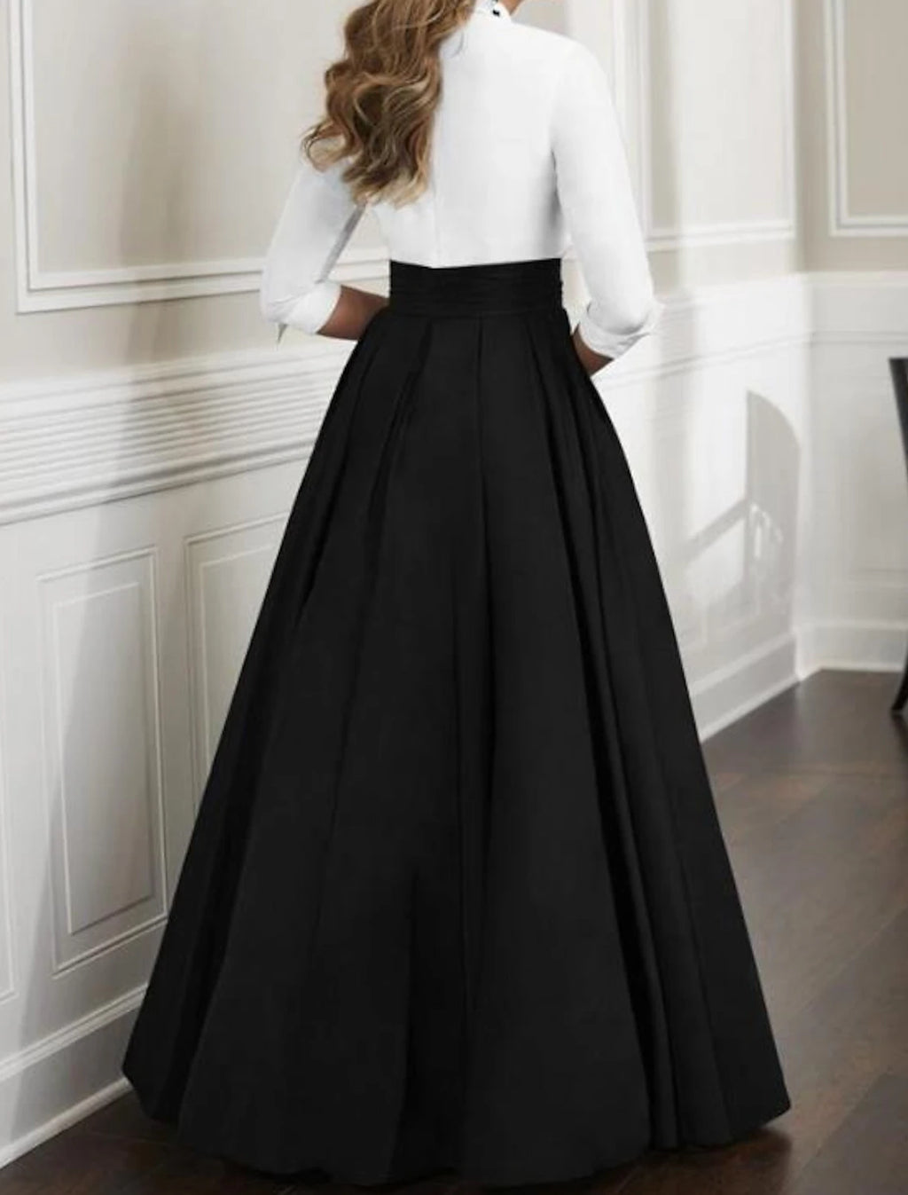 Vestido de Madre de la Novia de Corte A para Invitadas de Boda Elegante y Lujoso Escote Profundo Largo hasta el Suelo Satén Media Manga con Fruncido