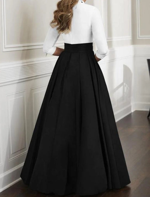 Vestido de Madre de la Novia de Corte A para Invitadas de Boda Elegante y Lujoso Escote Profundo Largo hasta el Suelo Satén Media Manga con Fruncido