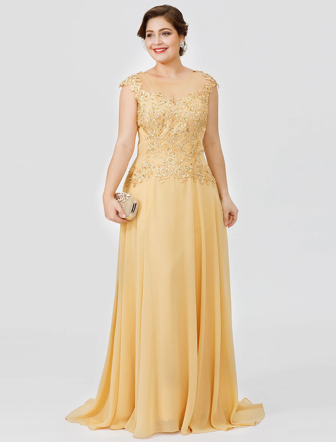 Champagne Chiffon A-Line Floor-Length Evening Dress with Embroidered Bodice