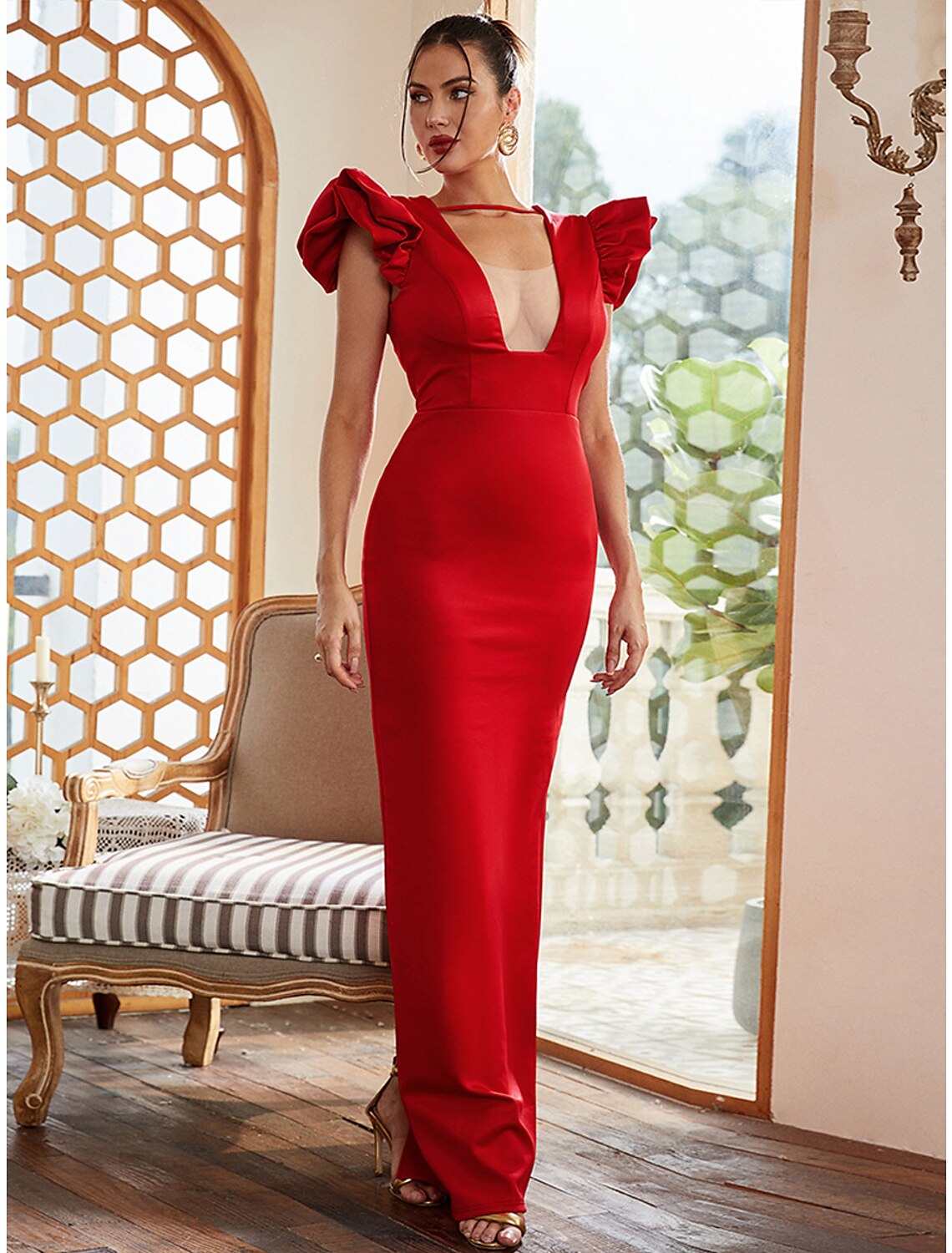 Red Satin Sheath/column Floor-Length with Illusion V-neck + Ruffled sleeves & V-Neck Back Zip