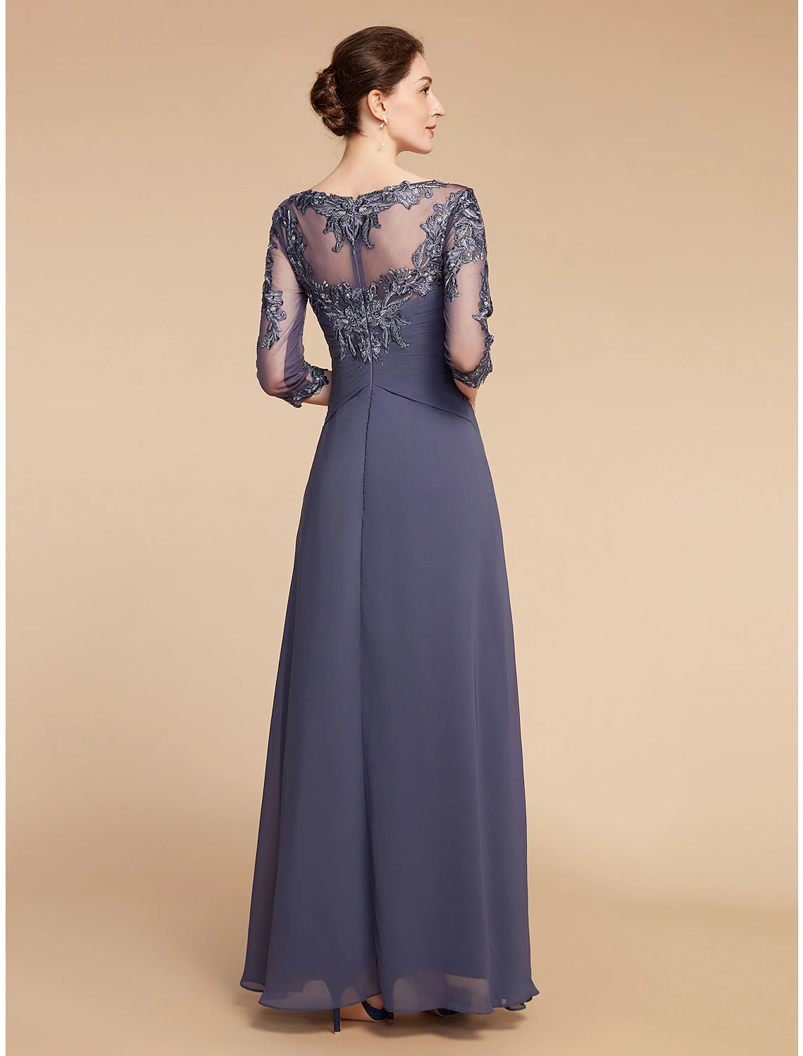Abito da madre della sposa a trapezio, elegante, con scollo a V, lunghezza al pavimento, in chiffon e pizzo, maniche a 3/4 con applicazioni di volant