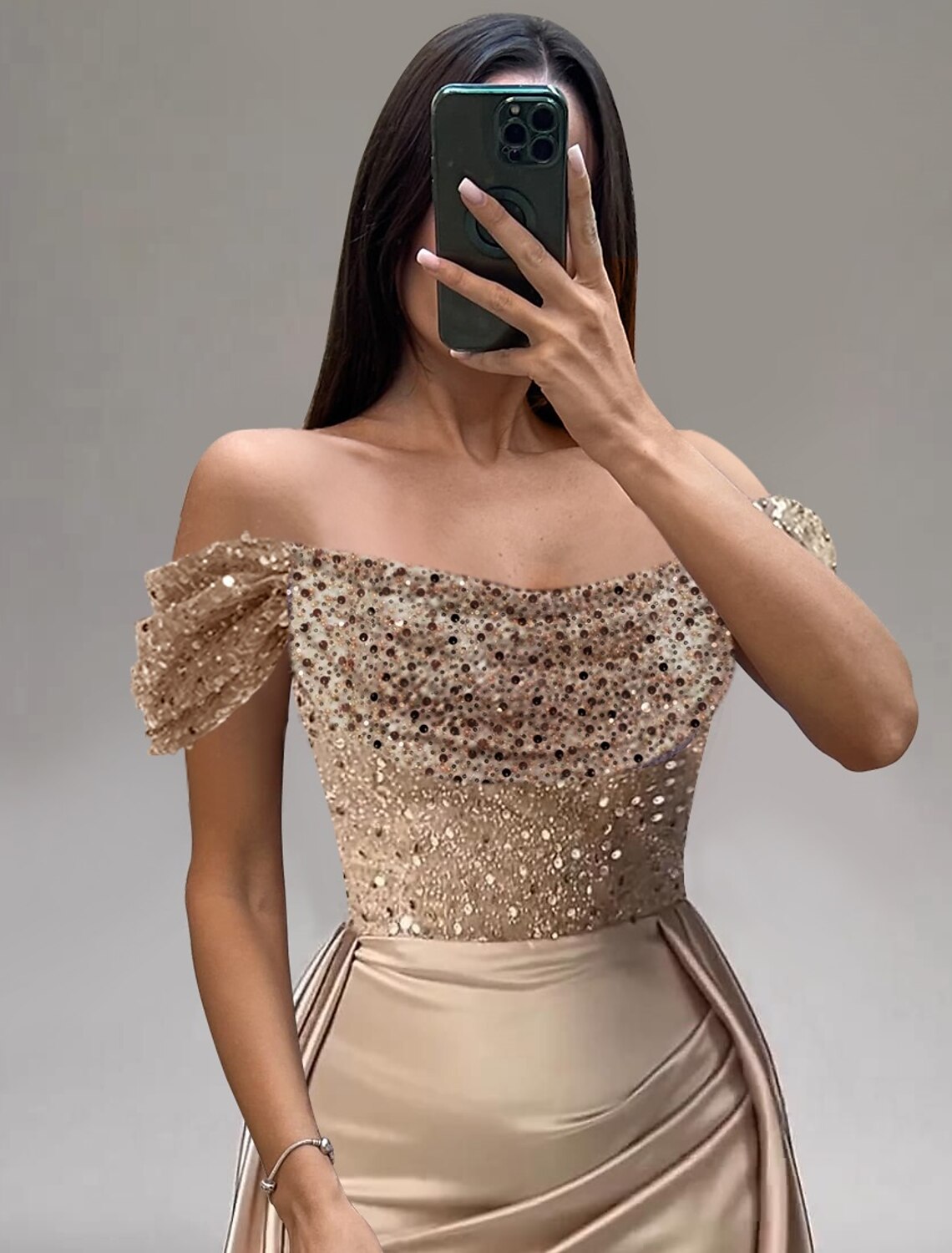 Gold Sequin Off-the-Shoulder A-Line Floor-Length Evening Dress