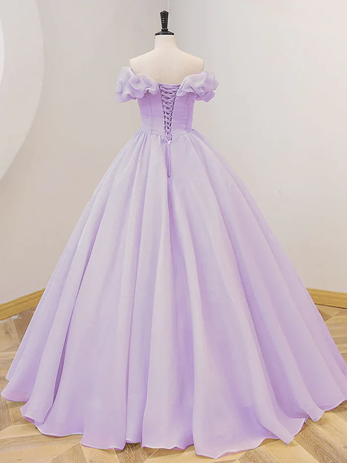 Lilac Chiffon Off-the-Shoulder Ball Gown Floor-Length Dress with Beaded Bodice
