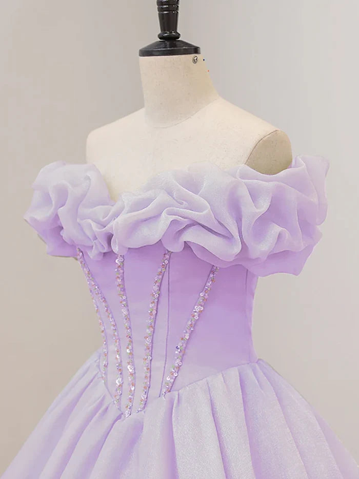 Lilac Chiffon Off-the-Shoulder Ball Gown Floor-Length Dress with Beaded Bodice