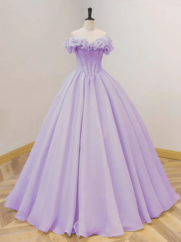 Lilac Chiffon Off-the-Shoulder Ball Gown Floor-Length Dress with Beaded Bodice