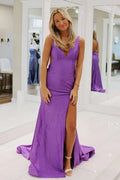 Purple Glitter Fabric Mermaid V-Neck Open-Back Floor-Length Dress Front View - Jimiss