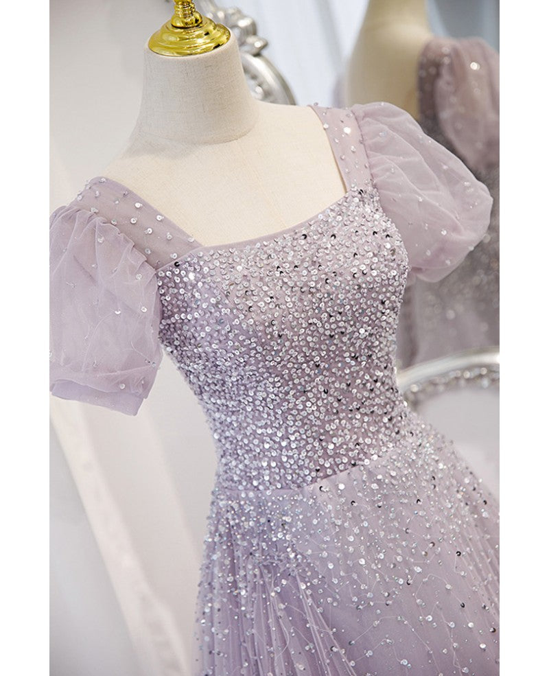 Lavender Tulle A-Line Floor-Length Bridesmaid Dress with Square Neck, Puff Sleeves & Sequin Bodice