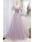 Lavender Tulle A-Line Floor-Length Bridesmaid Dress with Square Neck, Puff Sleeves & Sequin Bodice