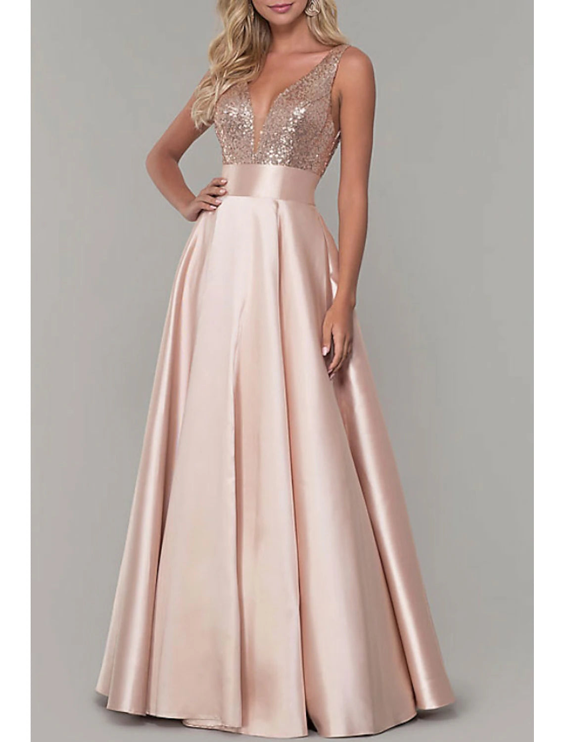 A-Line Prom Dresses Sparkle Dress Prom Formal Evening Floor Length Sleeveless V Neck Bridesmaid Dress Satin with Pleats Sequin 2025