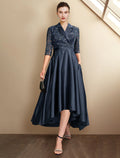 Vestido de madre de la novia de corte A, talla grande, elegante, cuello camisero alto bajo, asimétrico, largo hasta la rodilla, encaje de satén, media manga con pliegues y apliques de lentejuelas