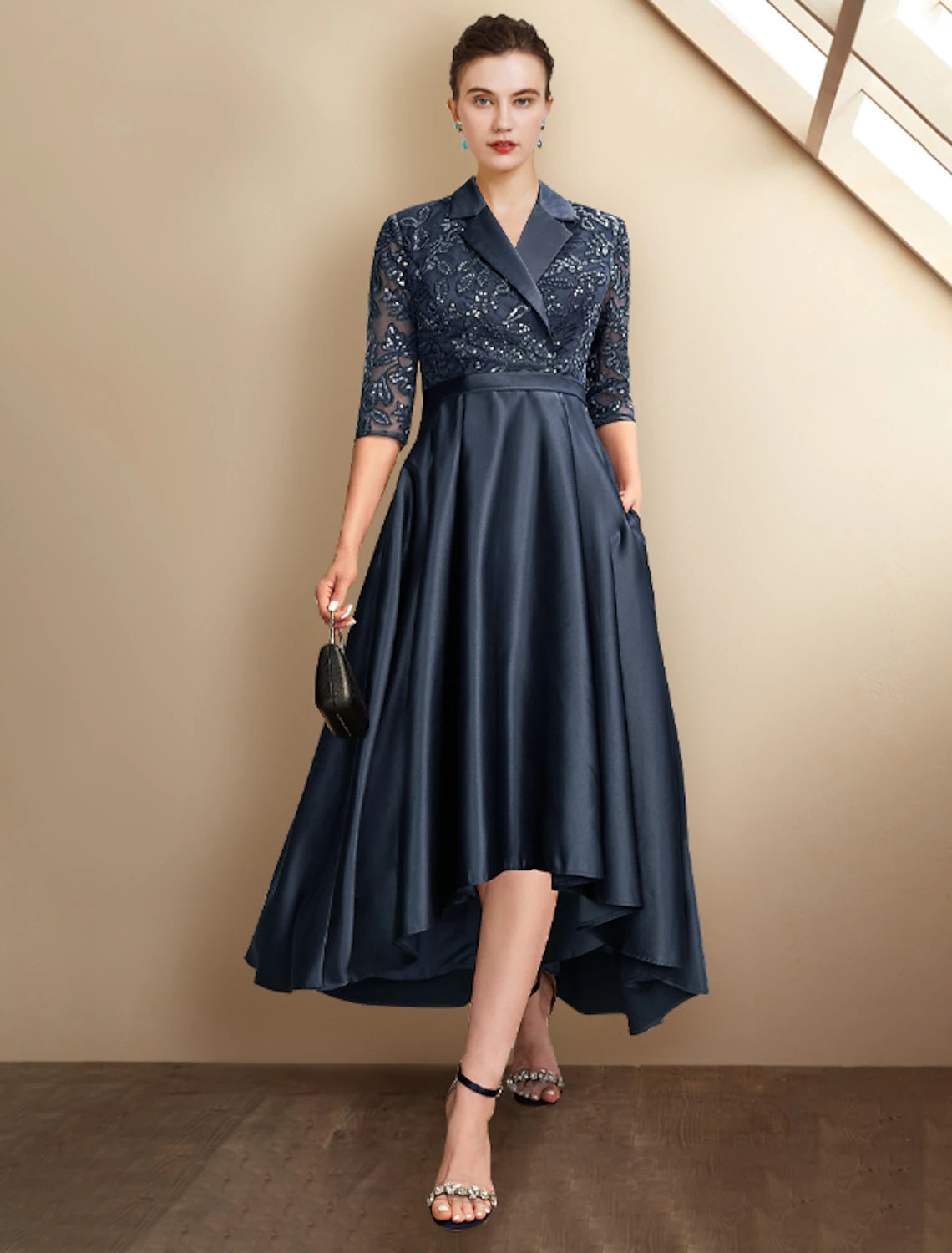Dark Navy Sequin A-Line High-Low V-Neck Dress with Lapel Collar