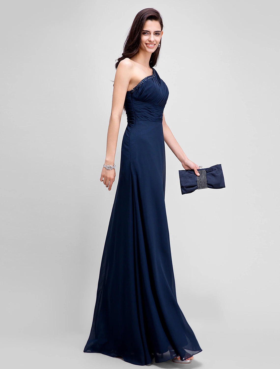 Navy Blue Chiffon A-Line One Shoulder Floor-Length Bridesmaid Dress with Pleated Bodice