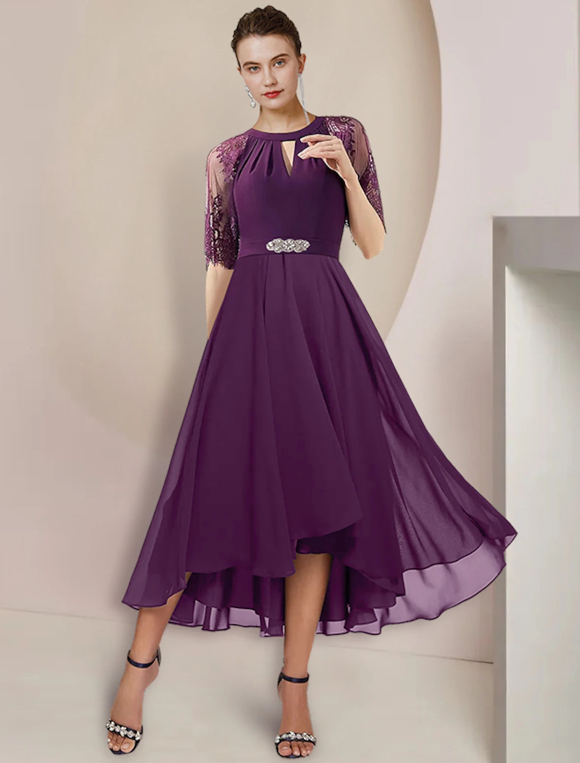 Dark Navy Chiffon A-Line High-Low Dress with Keyhole Neck and Lace Sleeves