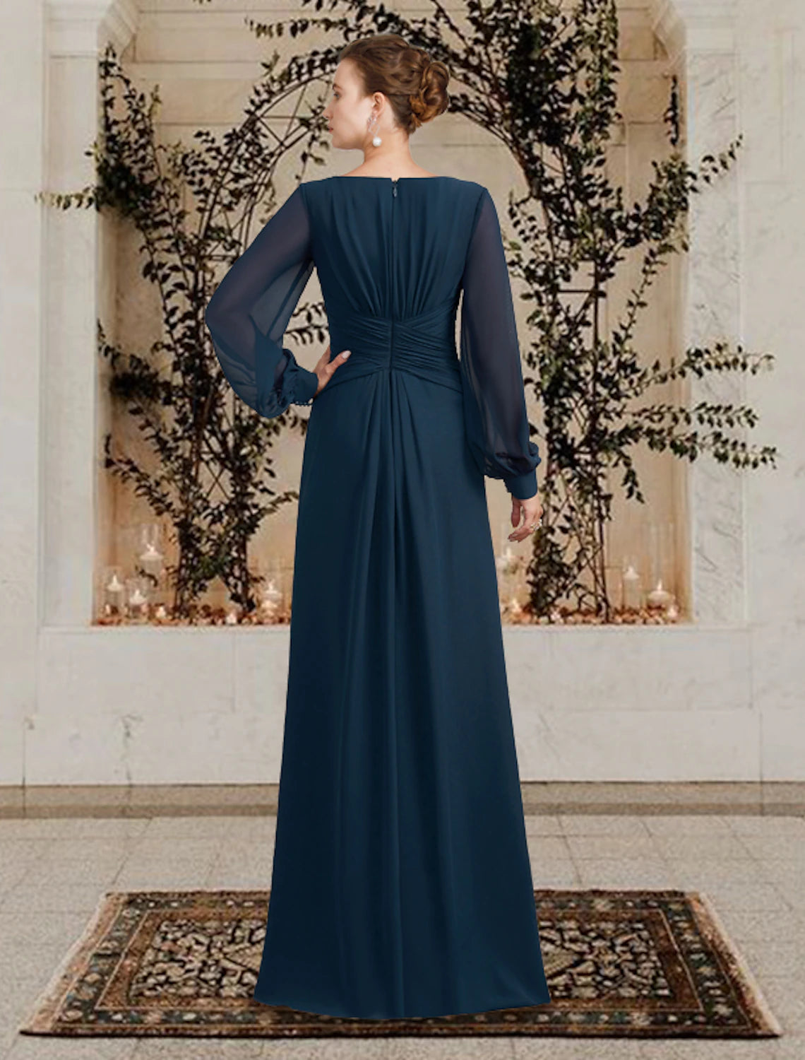 Dark Navy Chiffon A-Line V-Neck Floor-Length Bridesmaid Dress with Sheer Long Sleeves