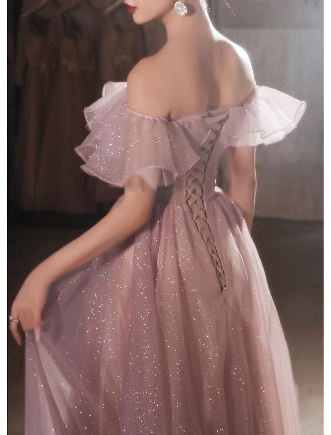 Vestido elegante de fiesta, formal, de noche, de cumpleaños, con hombros descubiertos, manga corta, largo hasta el suelo, de encaje con apliques, con espalda hermosa