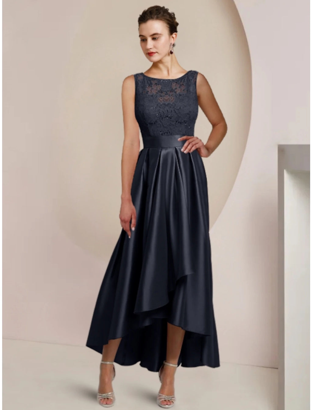Dark Navy Satin A-Line High-Low Evening Dress with Lace Bodice and Bolero Jacket