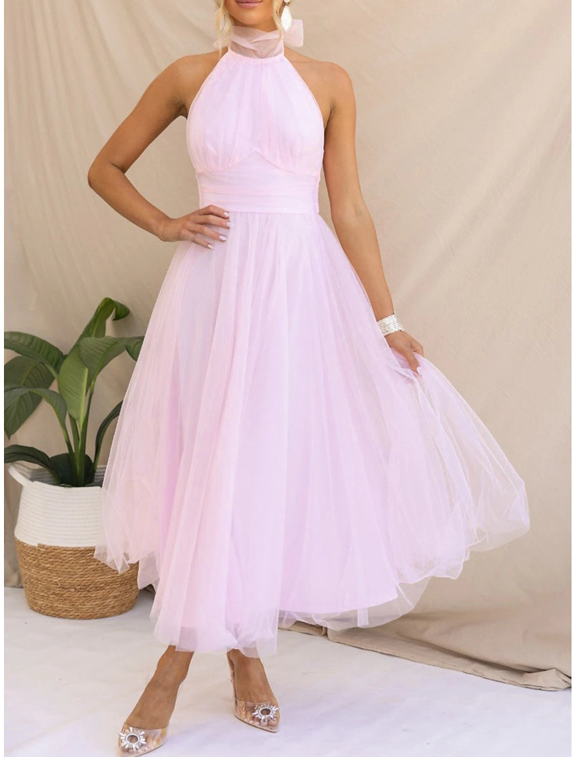 Women's Prom Dress Party Dress Homecoming Dress Long Dress Maxi Dress Black White Yellow Sleeveless Pure Color Mesh Summer Spring Halter Neck Fashion Evening Party Wedding Guest Vacation