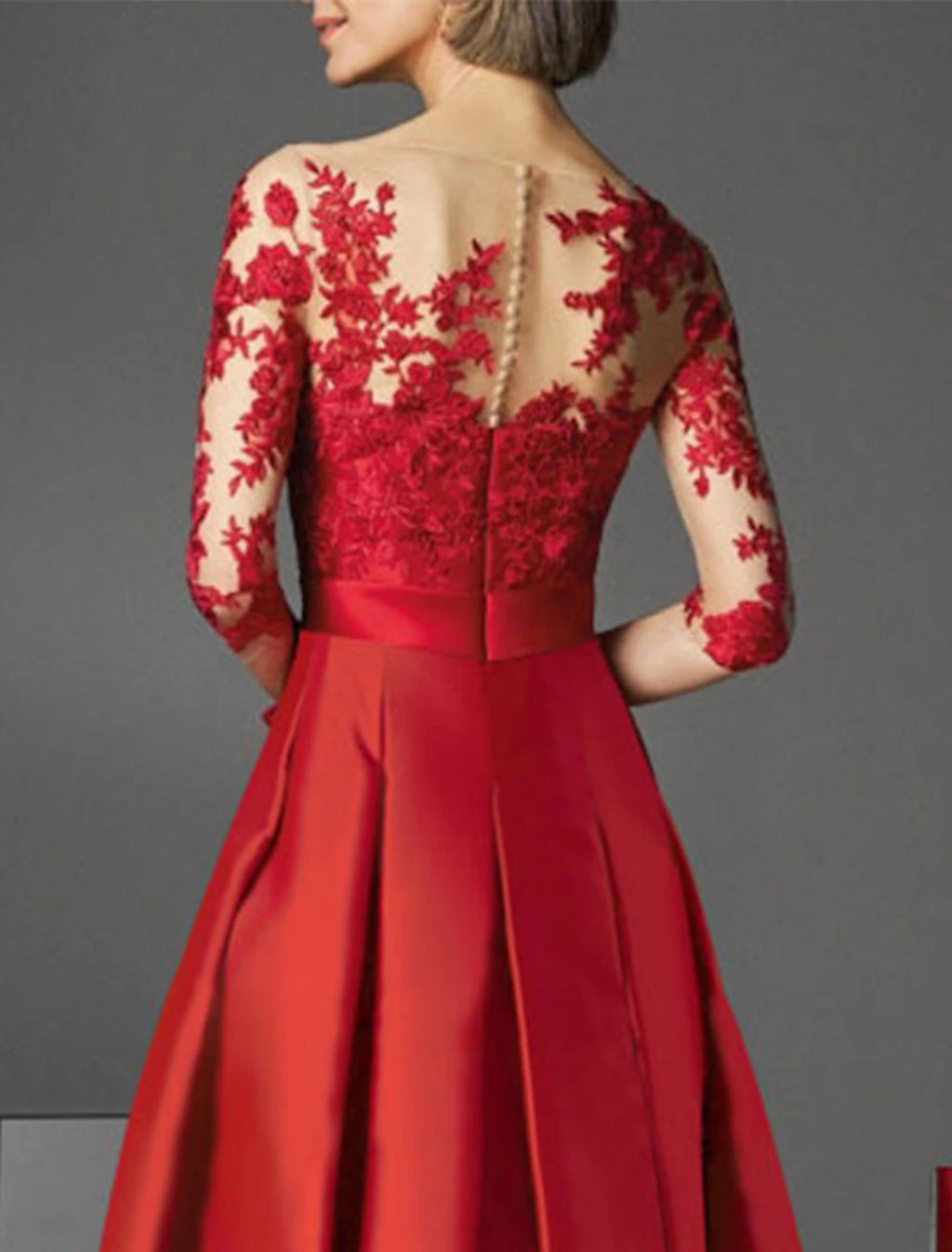 Red Lace A-Line Tea-Length Evening Dress with Bow Waist