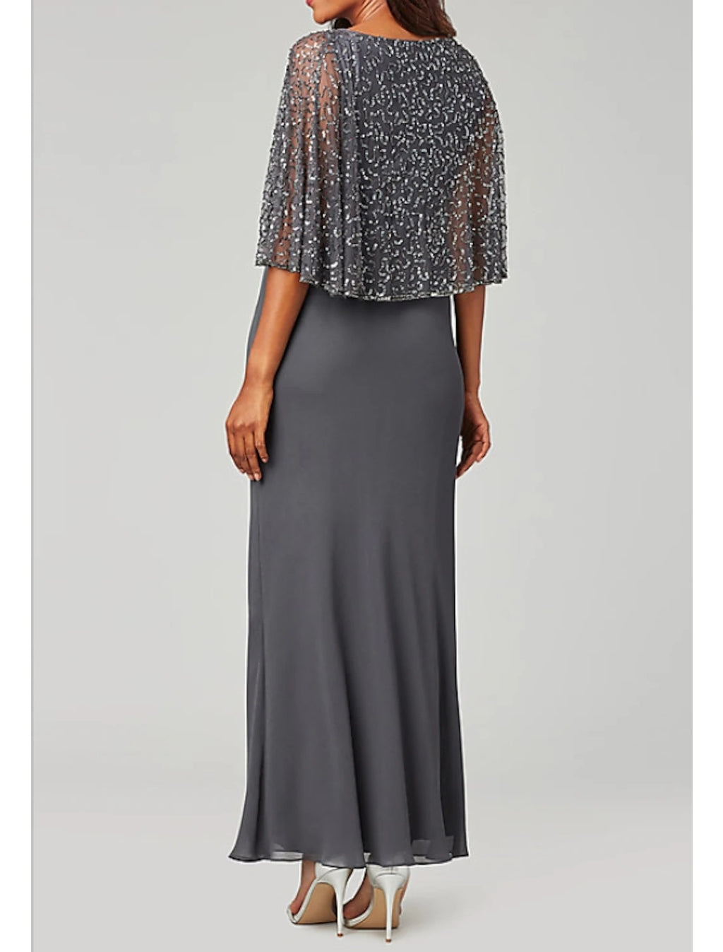 Vestido de madre de la novia con capa, elegante, escote en V, largo hasta el suelo, de gasa, manga larga con cuentas y lentejuelas