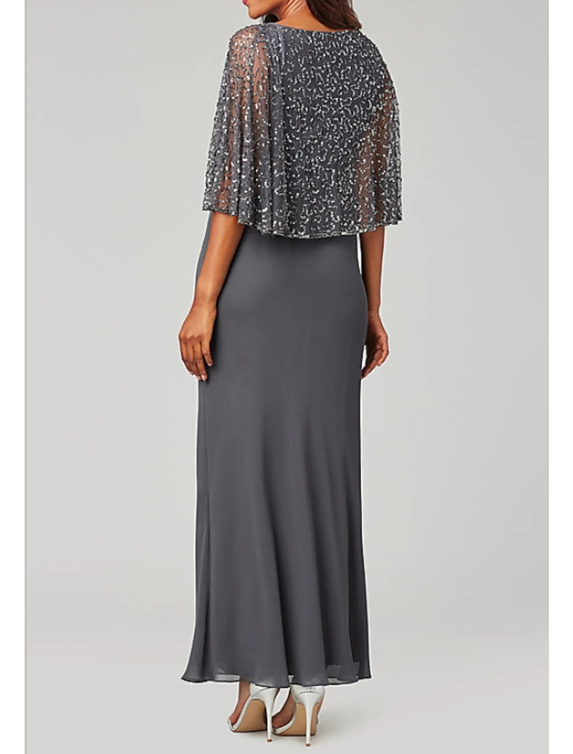 Abito da madre della sposa con mantello, elegante, scollo a V, lunghezza al pavimento, in chiffon, maniche lunghe, con perline e paillettes