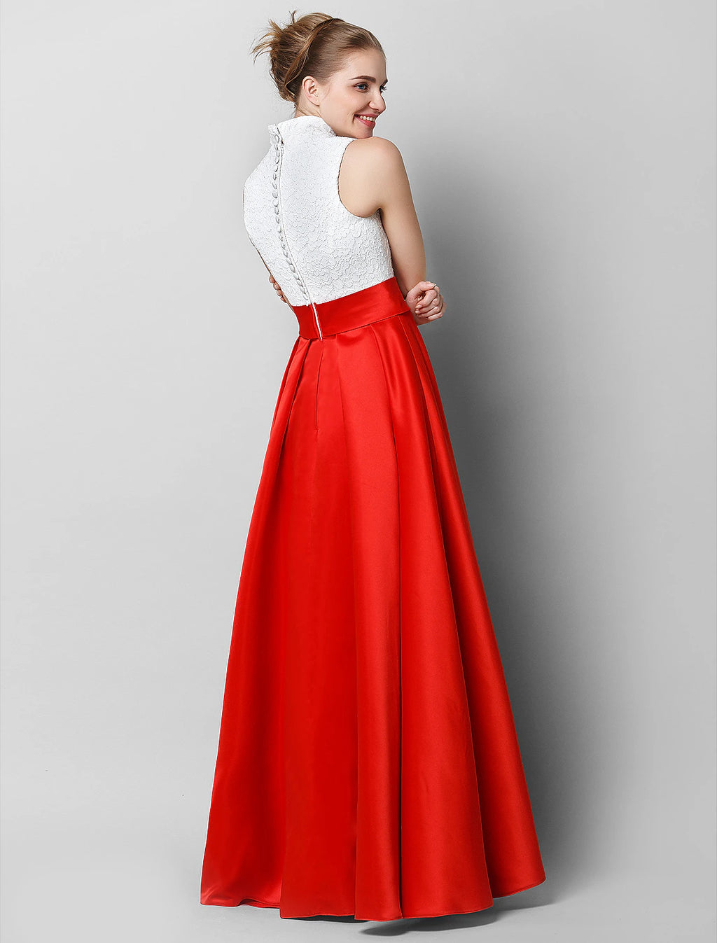 Vestido de gala formal de noche con cuello alto, sin mangas, largo hasta el suelo, de encaje y pliegues, elegante y lujoso, con bloques de color.
