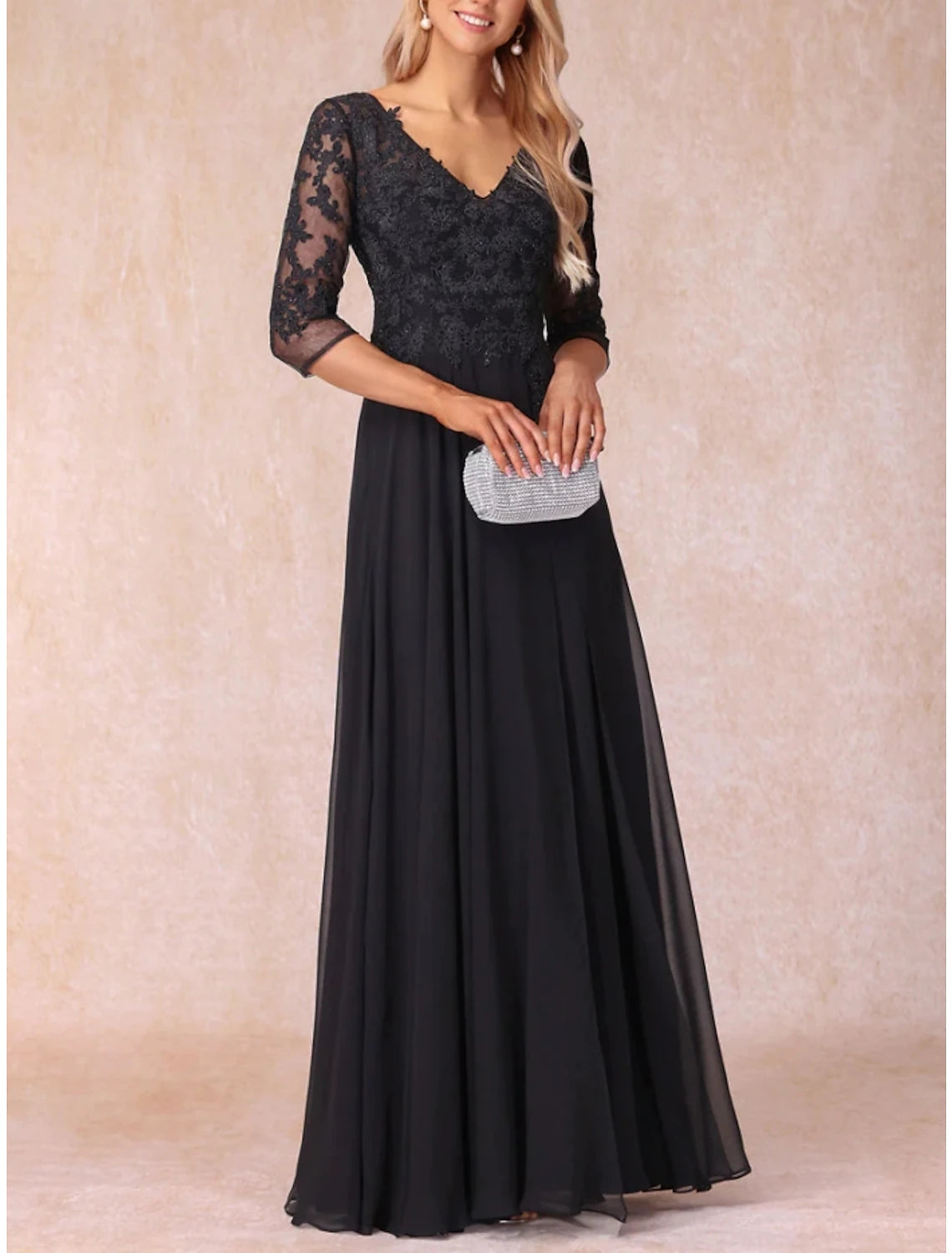 Abito da cerimonia per la madre della sposa, a trapezio, elegante, con scollo a V, lunghezza al pavimento, in chiffon e pizzo, manica a 3/4, con arricciature, tinta unita