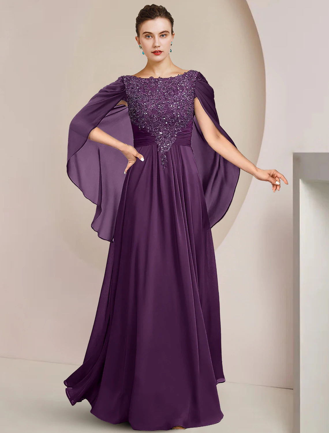 Abito da cerimonia per la madre della sposa, a trapezio, elegante, con scollo a barchetta, lunghezza al pavimento, in chiffon, pizzo, senza maniche, con applicazioni di perline e paillettes