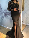 Black Lace & Stretch Knit One Shoulder Mermaid Floor-Length Evening Dress
