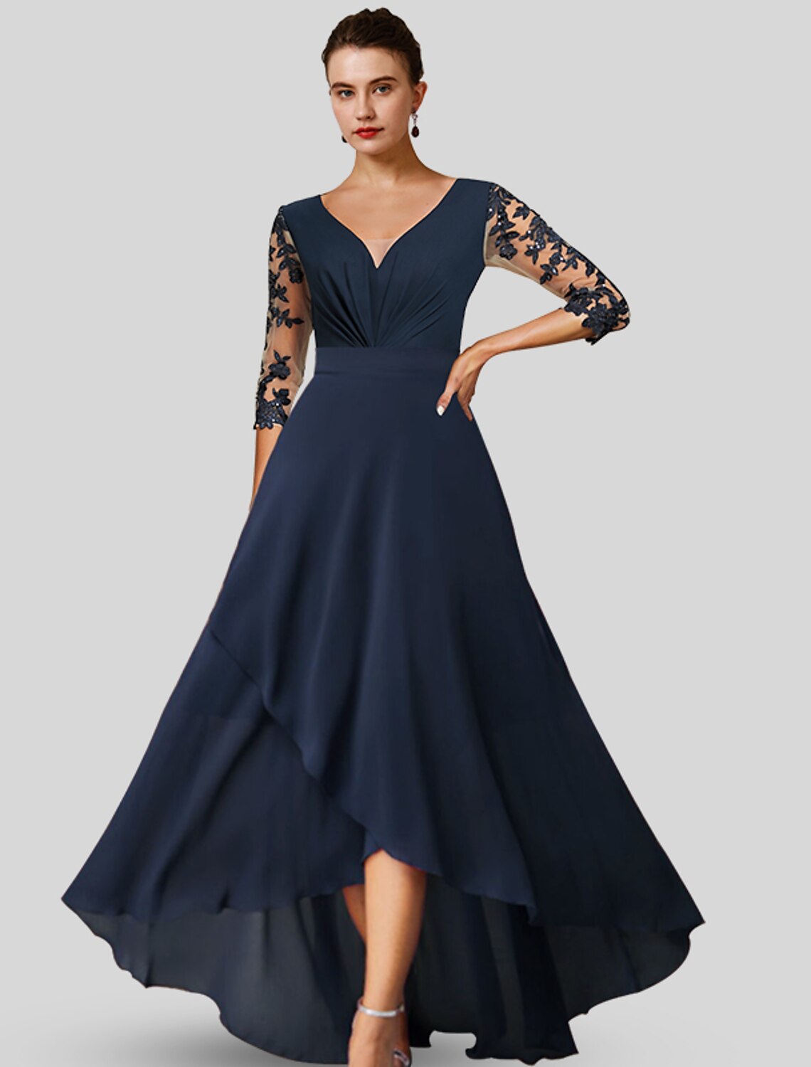 Dark Navy Chiffon A-Line High-Low Dress with Embroidered Sleeves & V-Neck