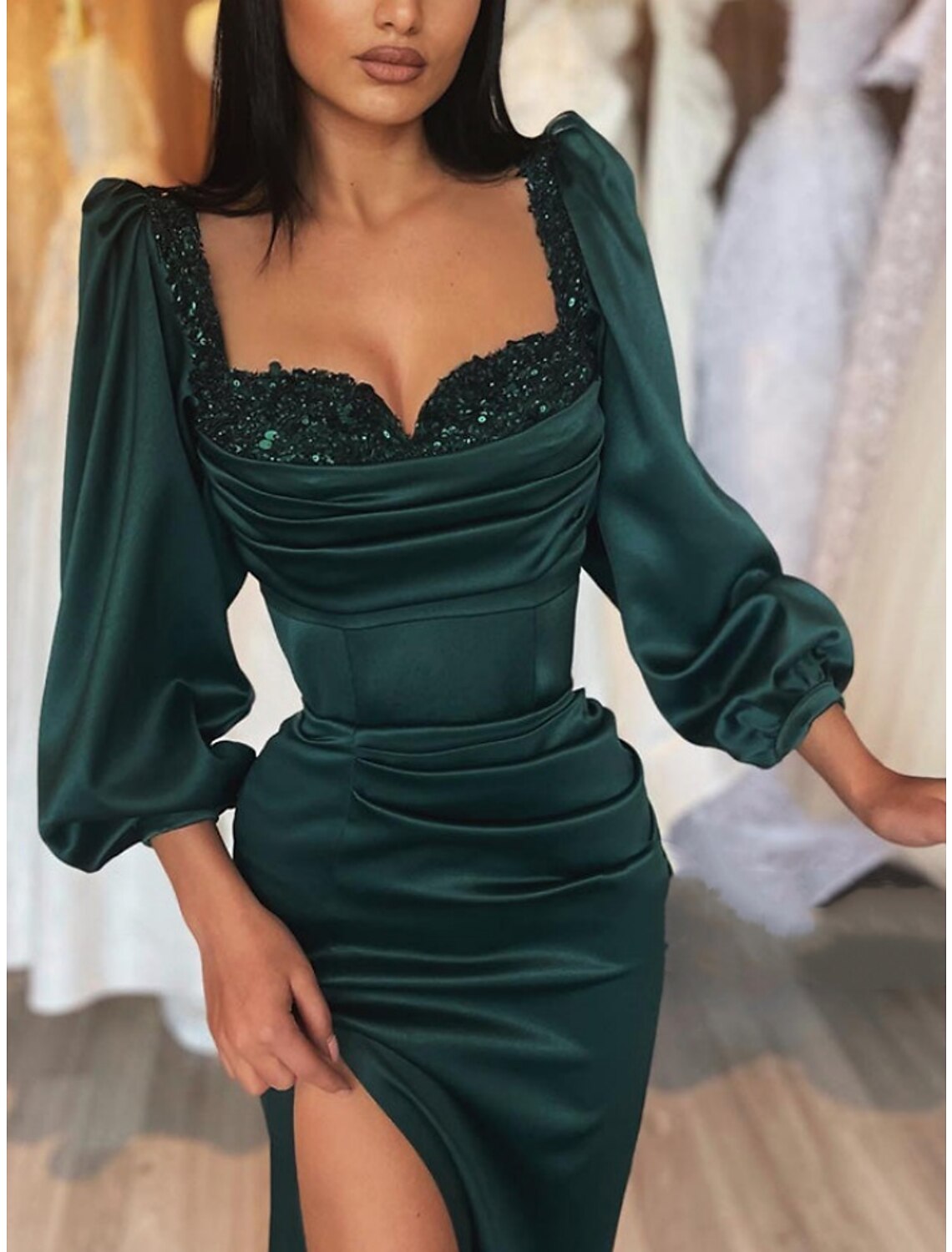 A-Line Evening Gown Elegant Dress Formal Sweep / Brush Train Christmas Red Green Dress Long Sleeve Sweetheart Satin with Pleats Ruched Sequin