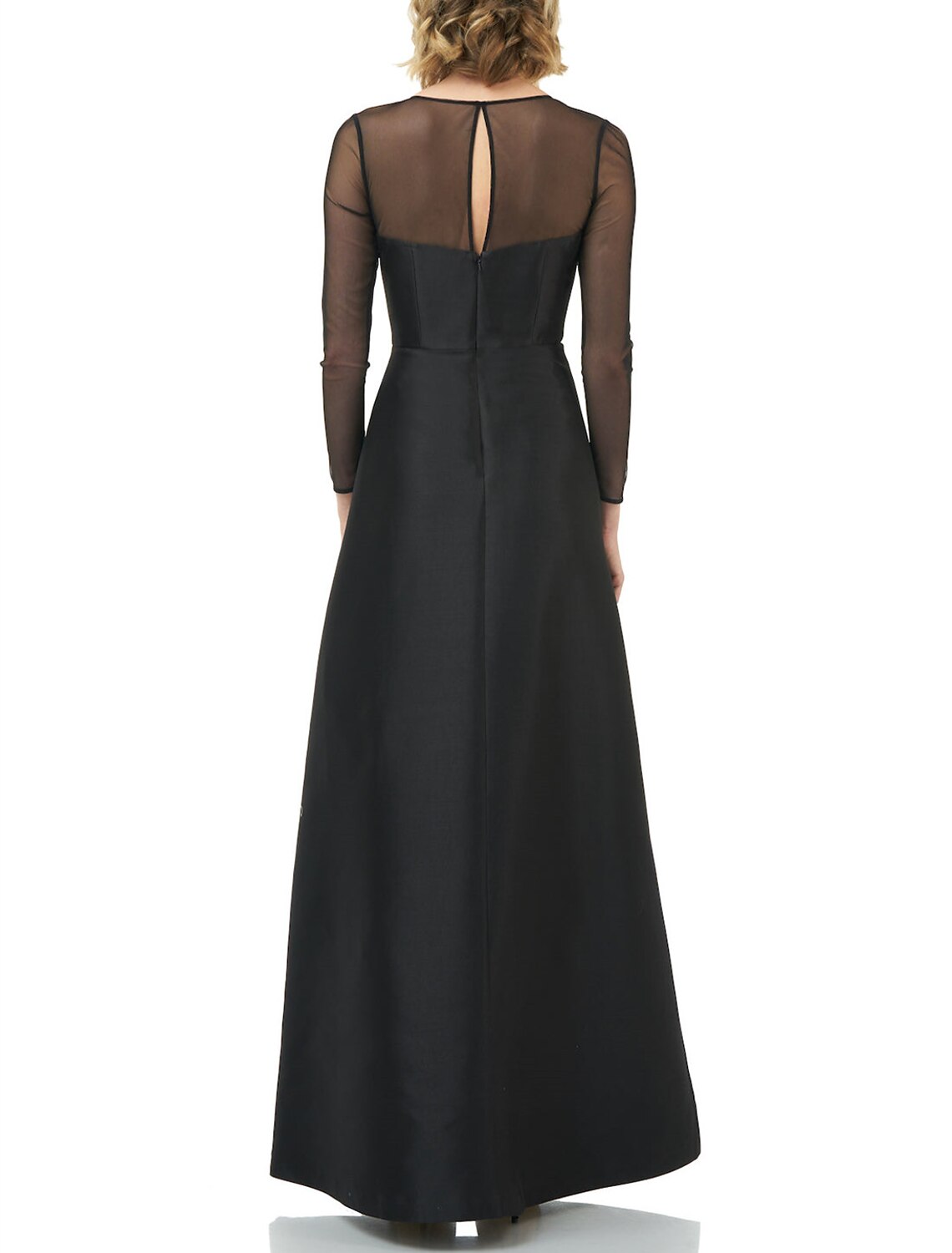 Abito da sera a trapezio, abito nero, abito elegante, abito da sposa, abito da ospite, lunghezza al pavimento, manica lunga, gioiello, scollo, gotico, raso con volant 2025