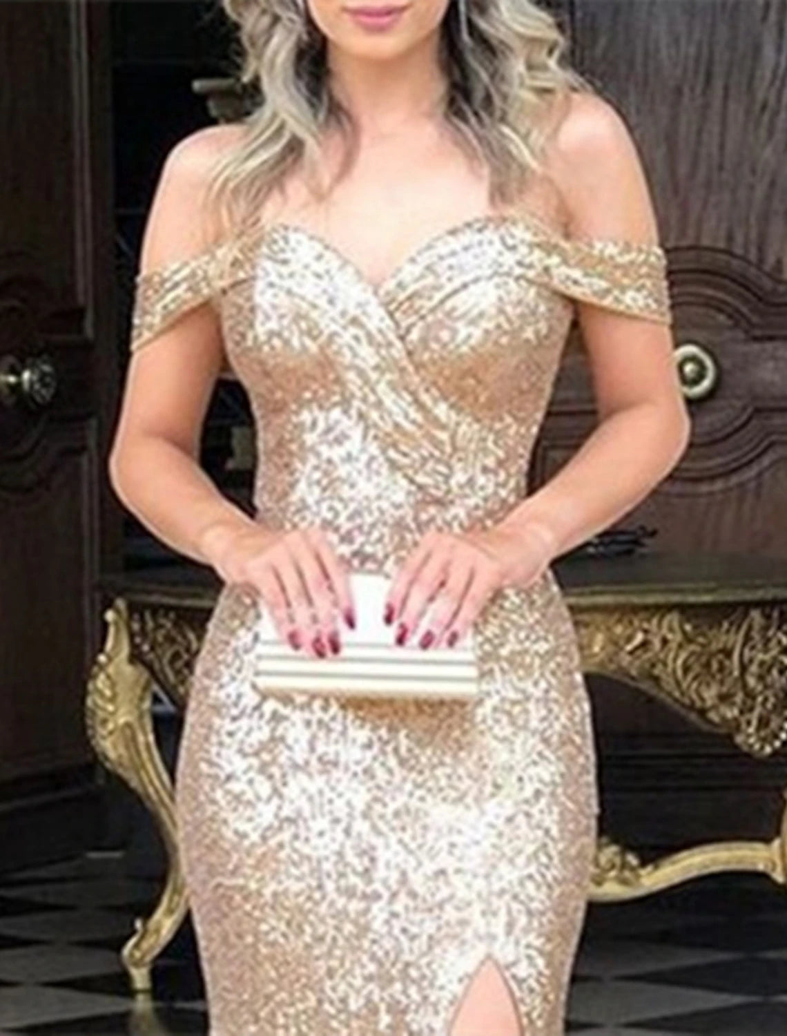 Vestidos de fiesta de sirena/trompeta, brillantes y resplandecientes, para fiestas, bodas, con cola larga y sin mangas, con hombros descubiertos y lentejuelas con abertura.