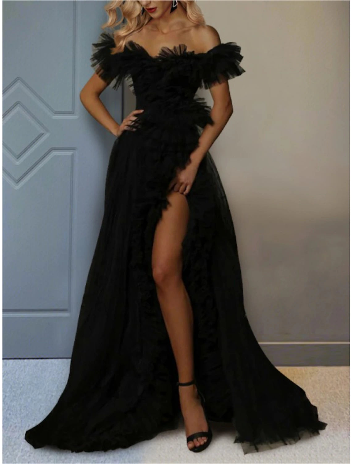 Black Chiffon Off-the-Shoulder A-Line Floor-Length Gown with Ruffles