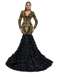 Black Sequin Mermaid V-Neck Floor-Length Evening Dress with Gold Bodice & 3D Floral Skirt