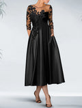 Black Satin A-Line Tea-Length Dress with Illusion Lace Sleeves