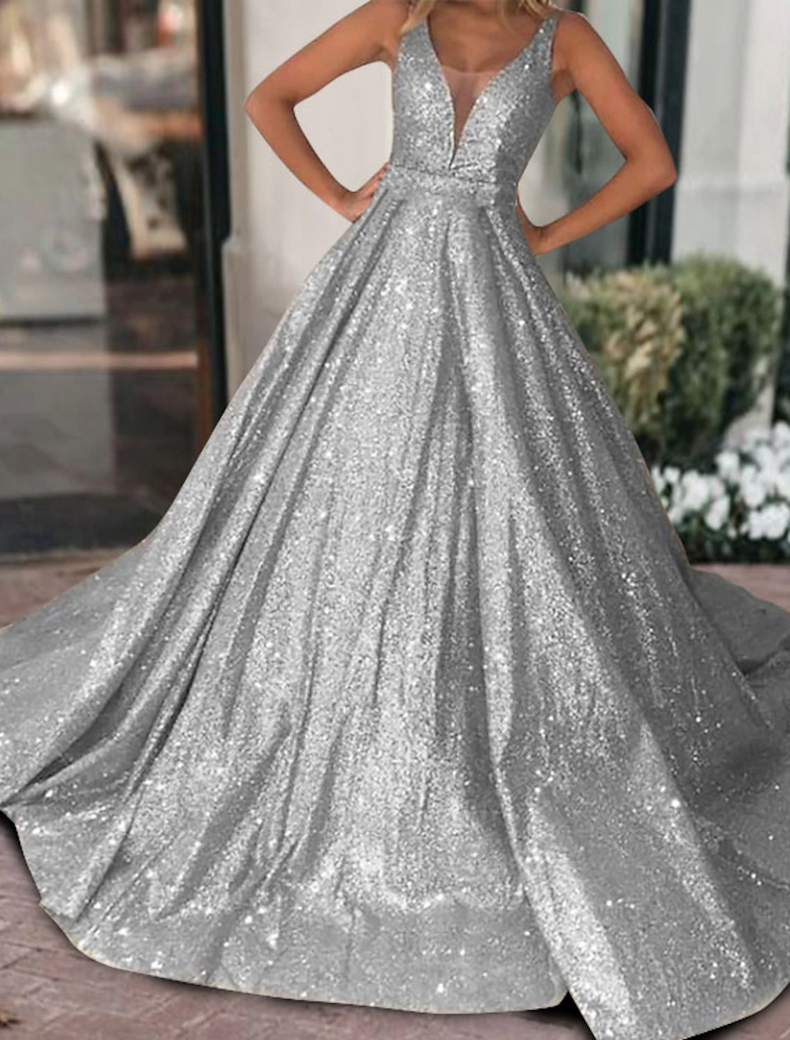 Ball Gown Glitter Prom Black Dress Luxurious Tulle Sparkly Dress For Wedding Party Quinceanera Sweep / Brush Train Sleeveless V Neck Tulle V Back with Sequin 2025