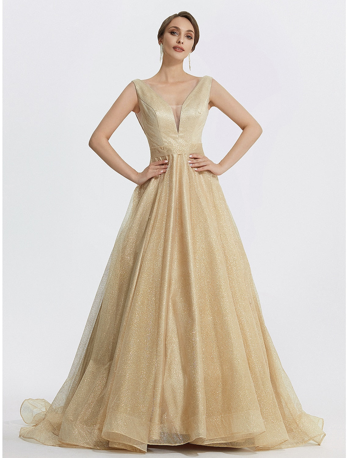 Vestido de fiesta con brillo, para boda, quinceañera, largo hasta el suelo, sin mangas, cuello en V, tul con brillo