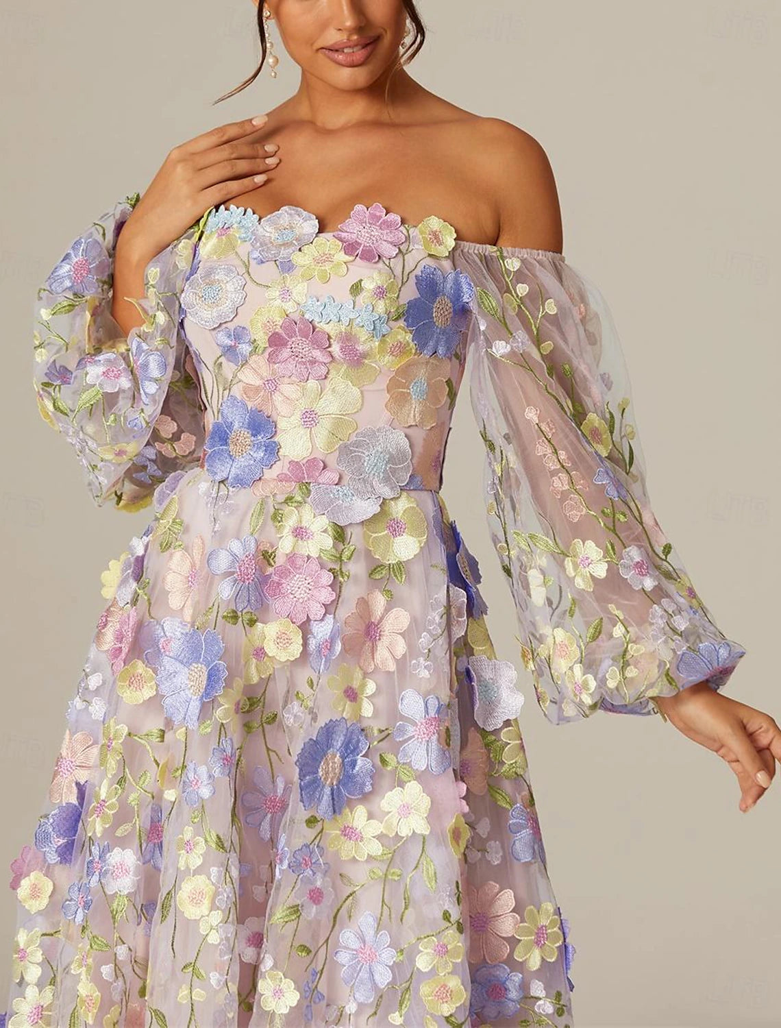 A-Line Prom Dresses Vintage Dress Valentine's Day Prom Tea Length Long Sleeve Square Neck Tulle with Appliques