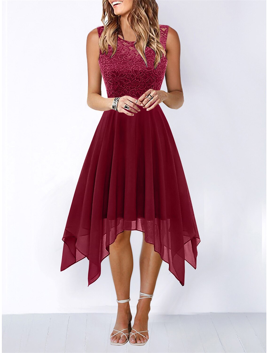 Vestido de fiesta para mujer, vestido de encaje, vestido de regreso a casa, vestido midi, rosa, vino, azul, sin mangas, color puro, encaje, verano, primavera, cuello redondo, fiesta, cumpleaños, fiesta de noche, invitada de boda