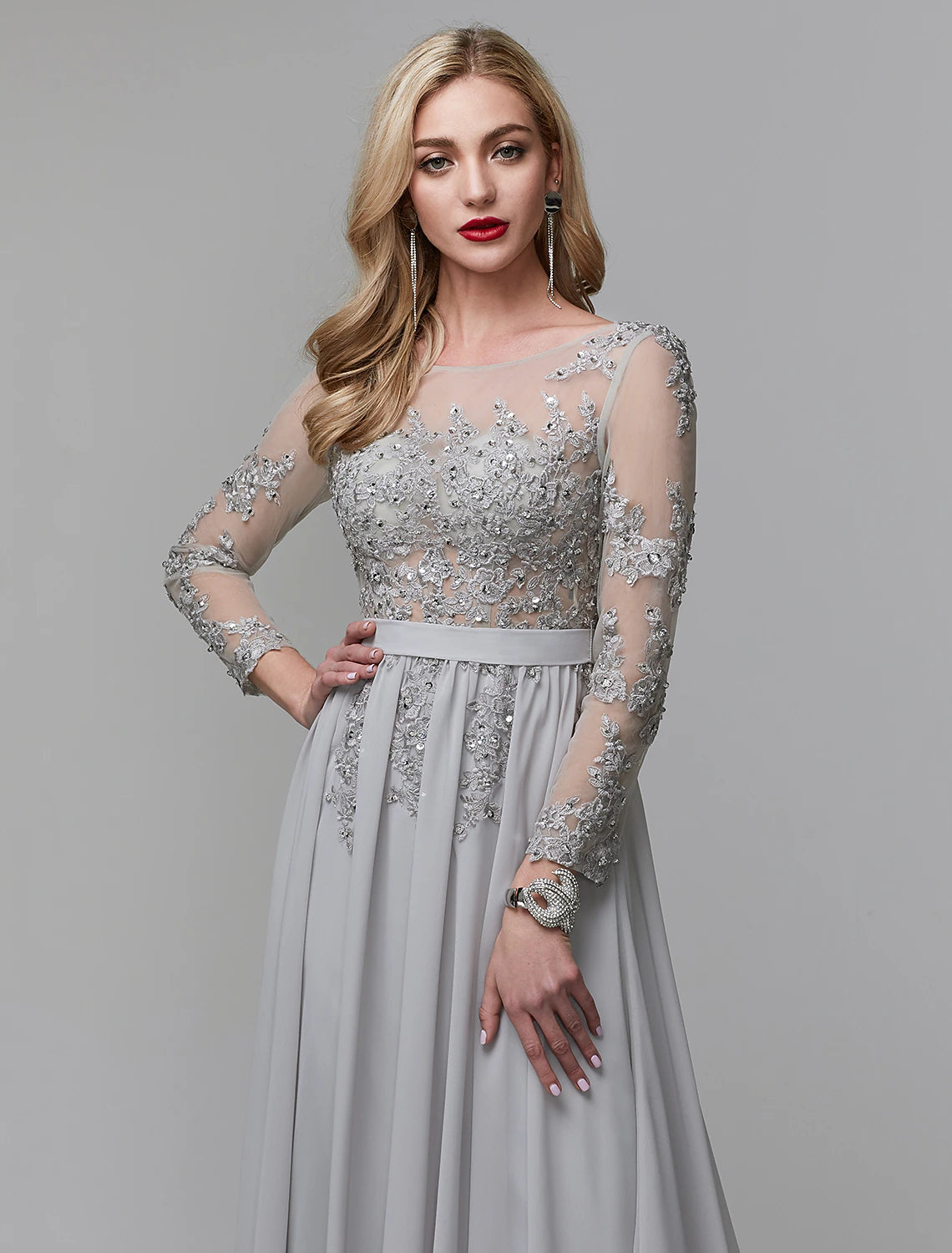 A-Line Luxurious Engagement Formal Evening Dress Illusion Neck V Back Low Back Long Sleeve Chapel Train Chiffon with Sequin Appliques 2025 / Illusion Sleeve