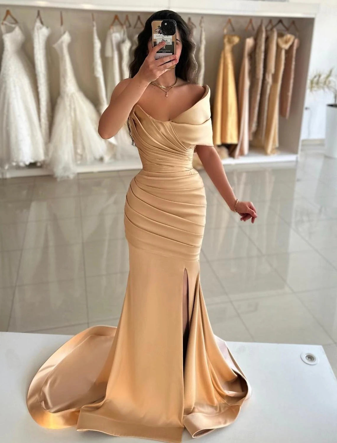 Mermaid / Trumpet Prom Dresses Elegant Dress Formal Prom Floor Length Sleeveless Off Shoulder Satin with Ruched Slit