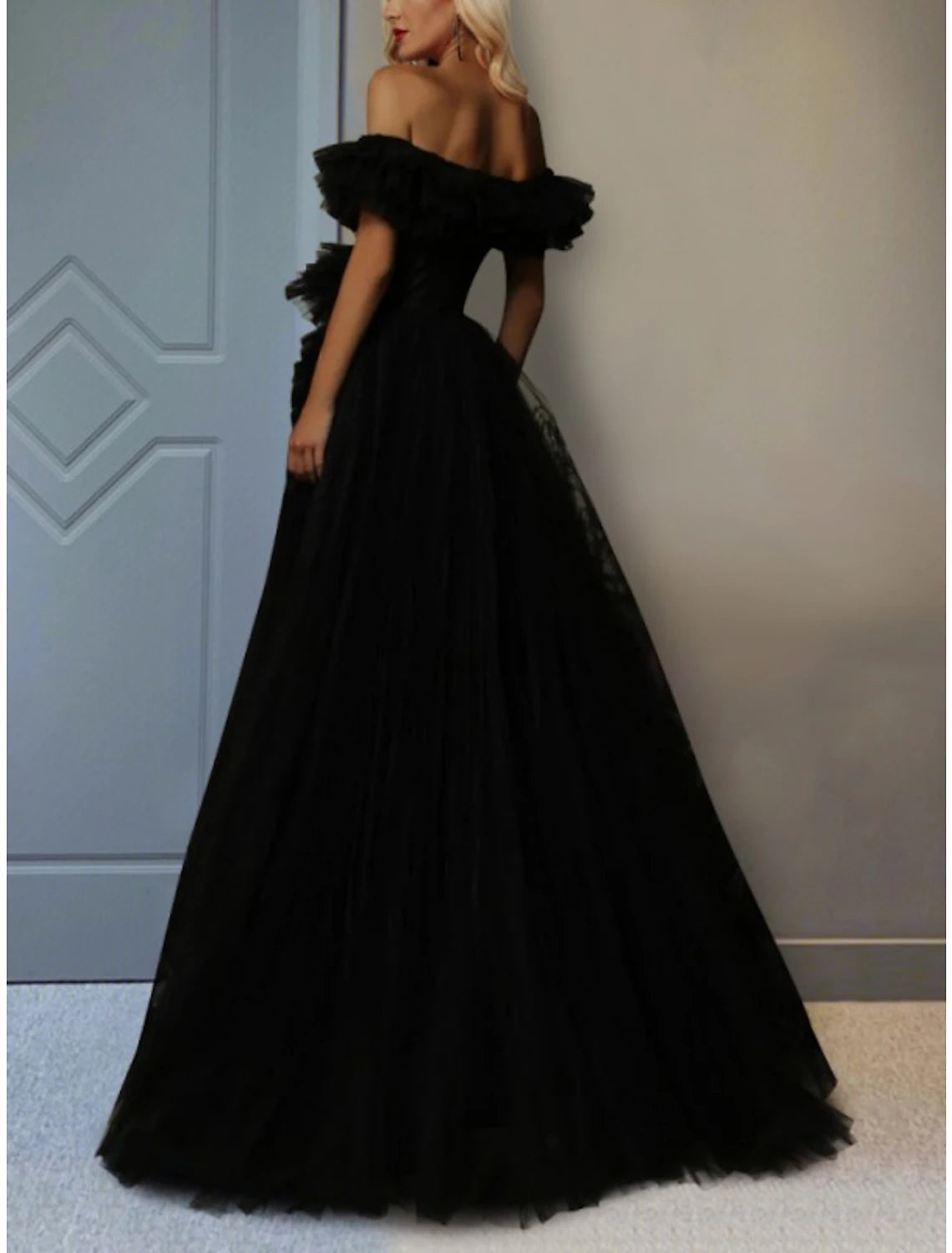 Black Chiffon Off-the-Shoulder A-Line Floor-Length Gown with Ruffles