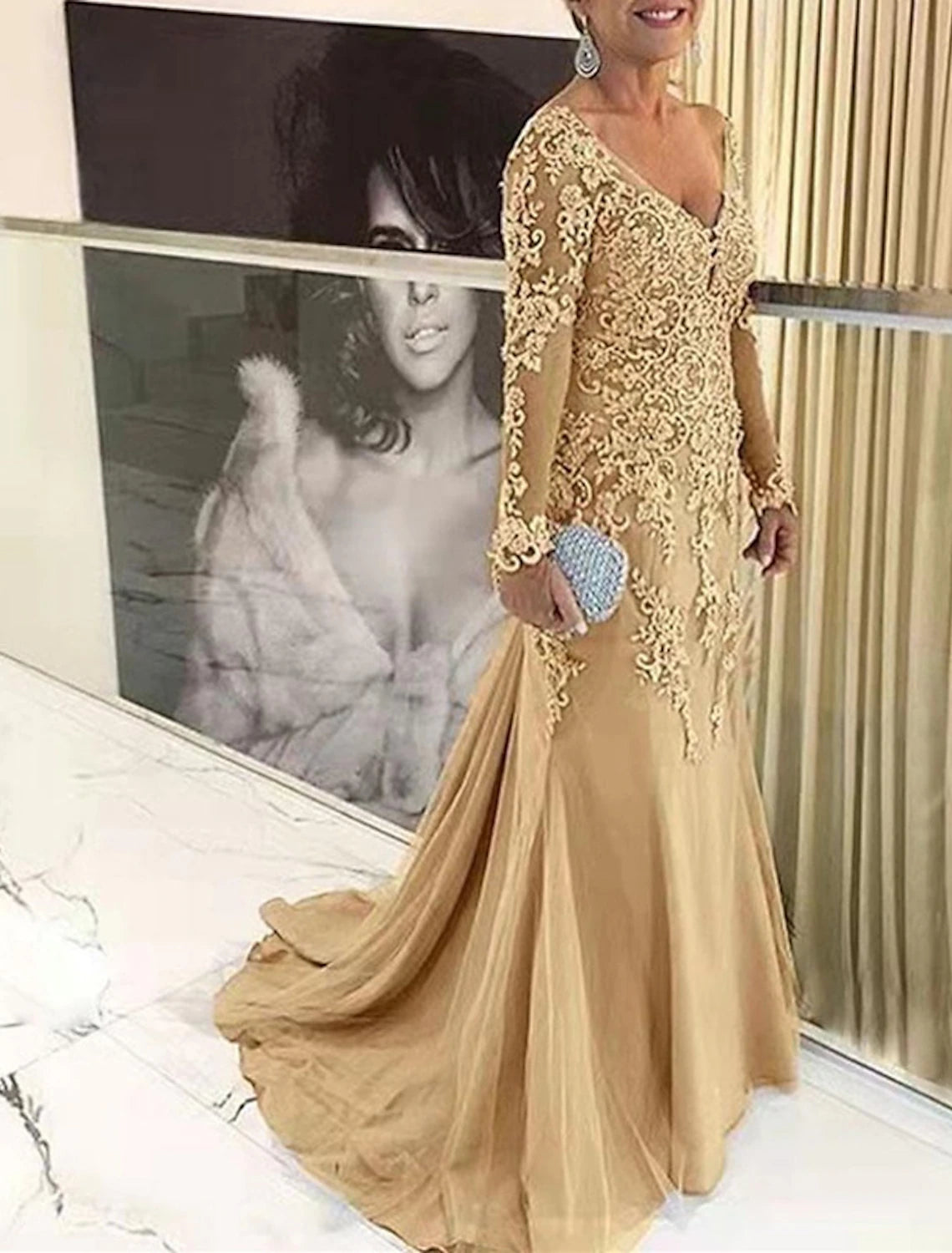 Abiti da sposa eleganti per la madre della sposa, a sirena/tromba, taglie forti, con strascico a ruota, maniche lunghe, scollo a V, pizzo con applicazioni