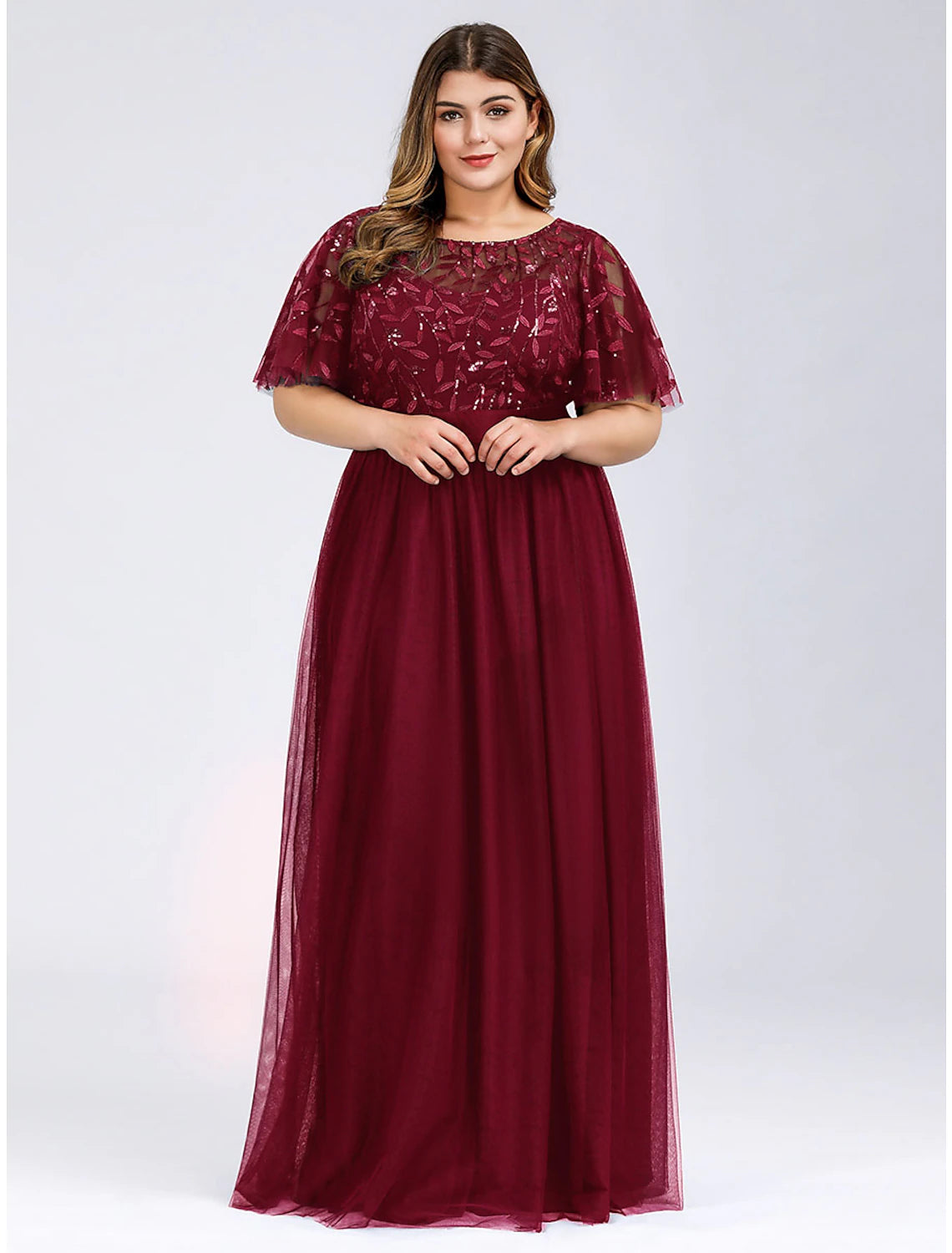 Vestidos de fiesta de corte A, estilo imperio, para invitadas de boda, para graduación, largo hasta el suelo, manga corta, cuello joya, vestido de dama de honor de tul con apliques de lentejuelas