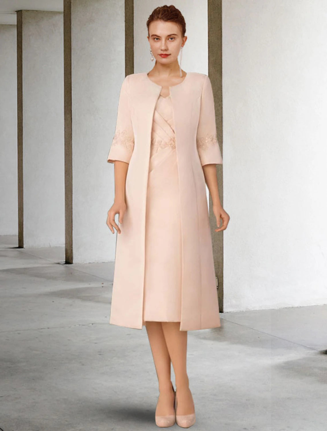 Vestido de Madre de la Novia de Dos Piezas con Corte en Columna/Iglesia Elegante de Invierno con Chaqueta Manga Corta Escote en V Largo hasta la Rodilla Encaje Gasa Apliques Lateral Drapeado