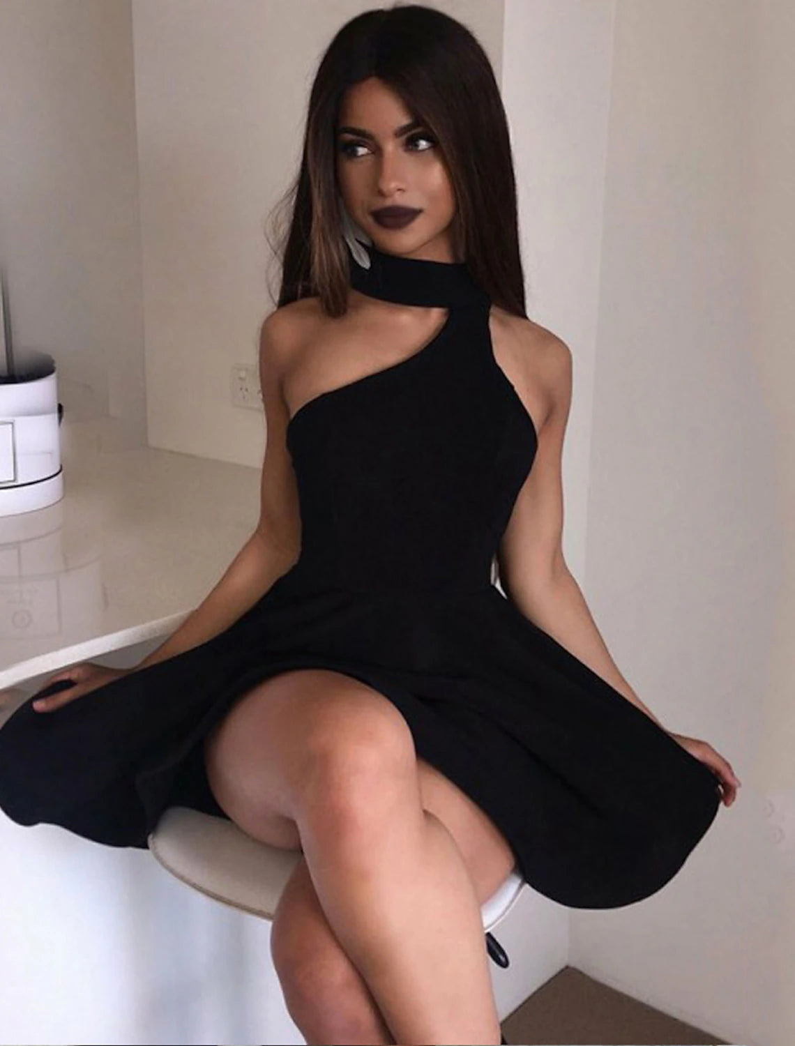 A-Line Cocktail Dresses Minimalist Dress Party Wear Cocktail Party Short / Mini Sleeveless Halter Neck  Fabric with Pleats