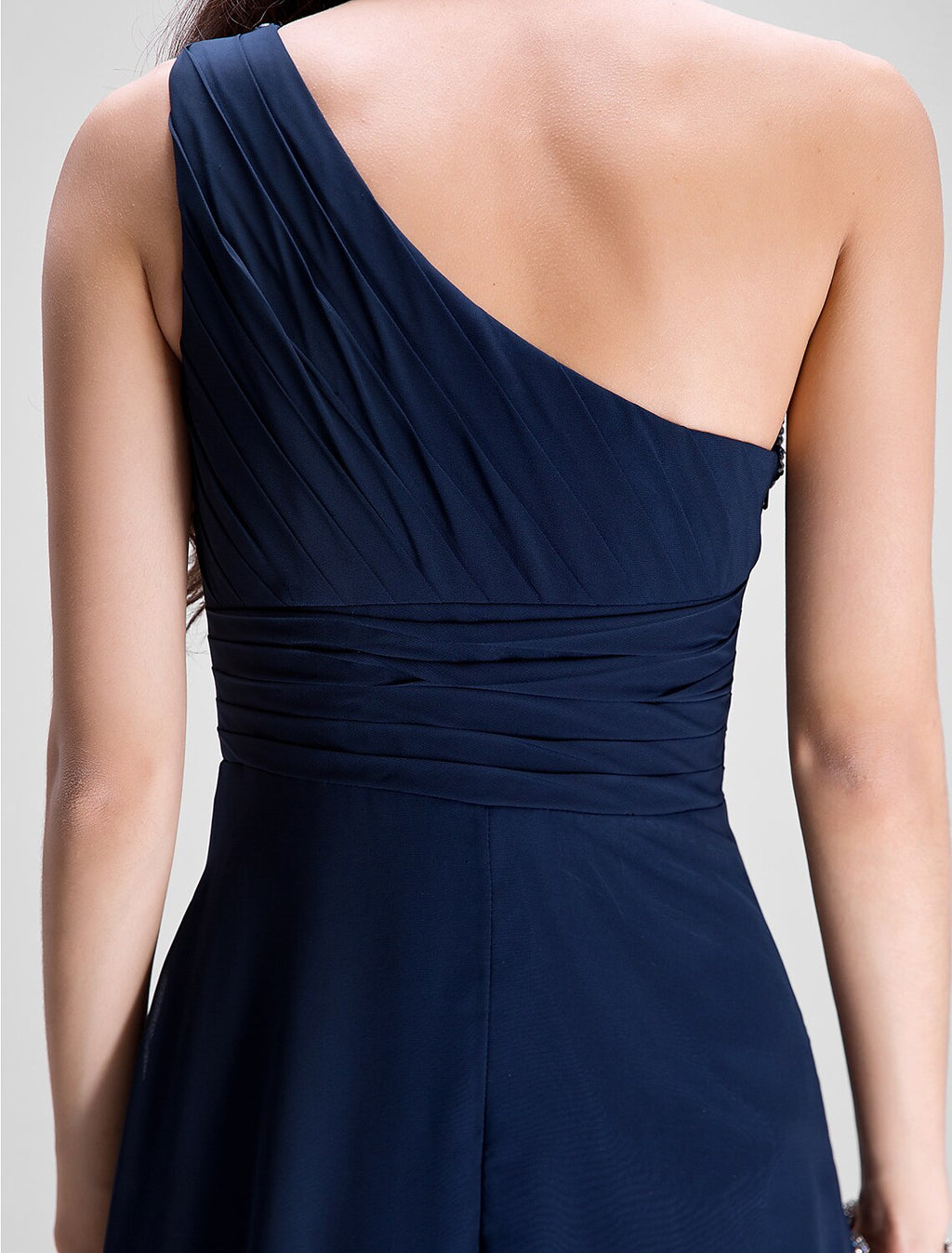 Navy Blue Chiffon A-Line One Shoulder Floor-Length Bridesmaid Dress with Pleated Bodice